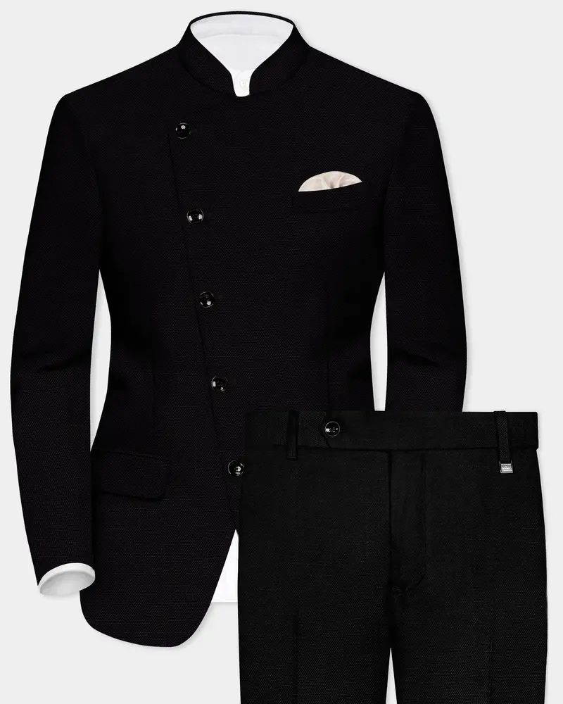 Jade Black Solid Wool Rich Cross Placket Bandhgala Luxurious Linen Suit 1