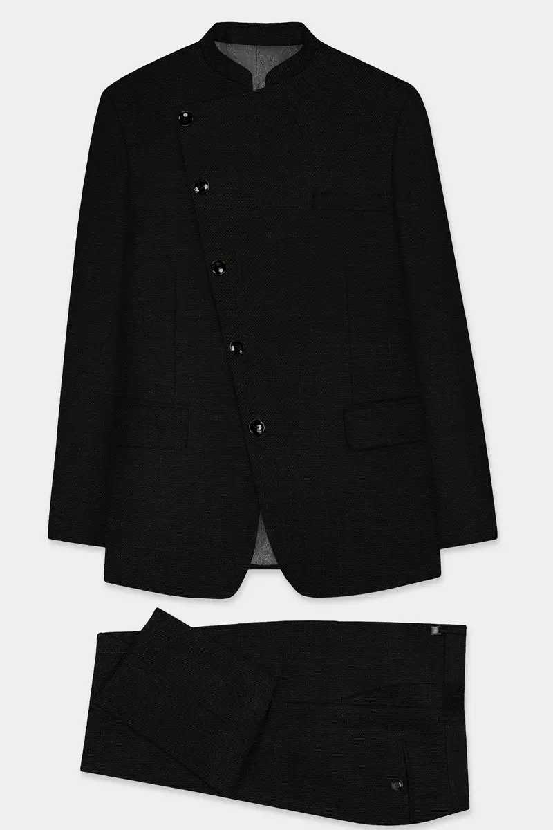 Jade Black Solid Wool Rich Cross Placket Bandhgala Luxurious Linen Suit 10