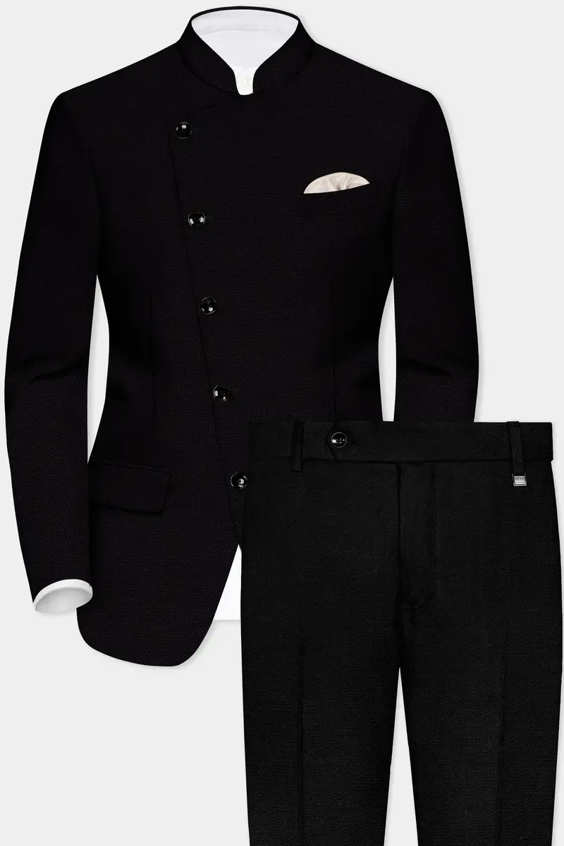 Jade Black Solid Wool Rich Cross Placket Bandhgala Luxurious Linen Suit 2