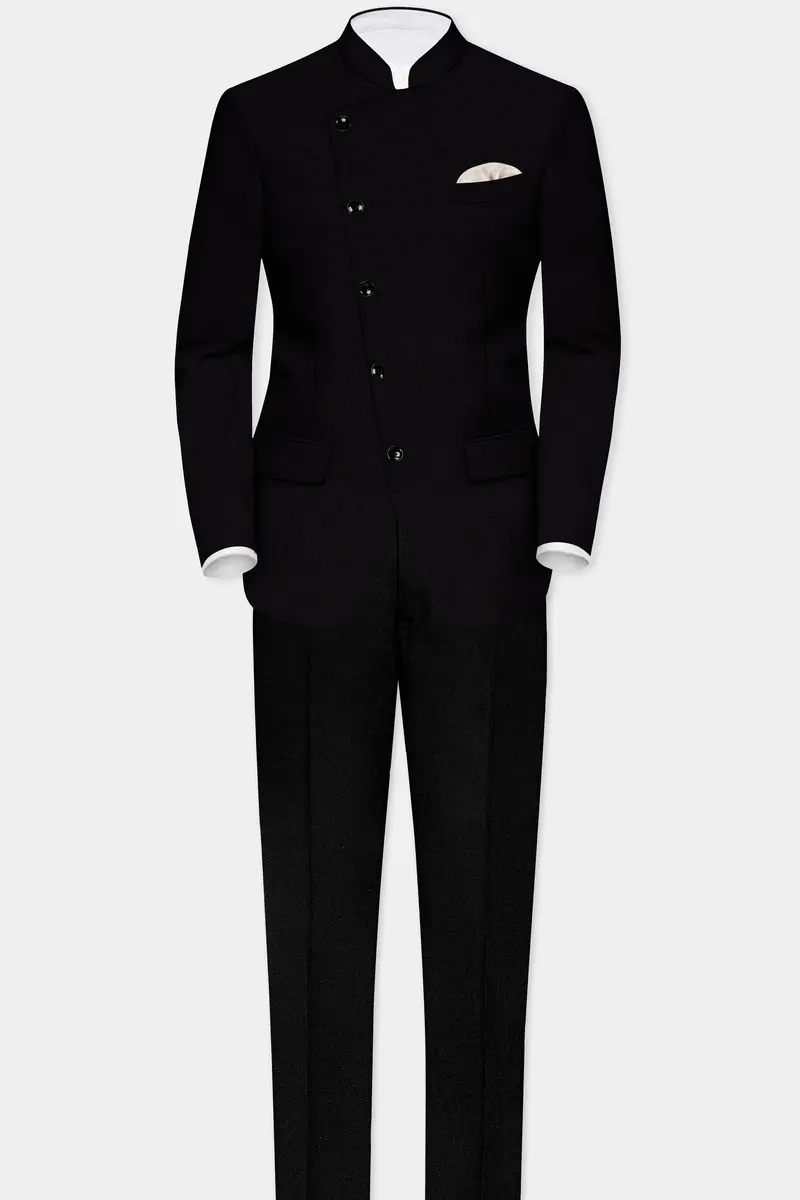 Jade Black Solid Wool Rich Cross Placket Bandhgala Luxurious Linen Suit 4