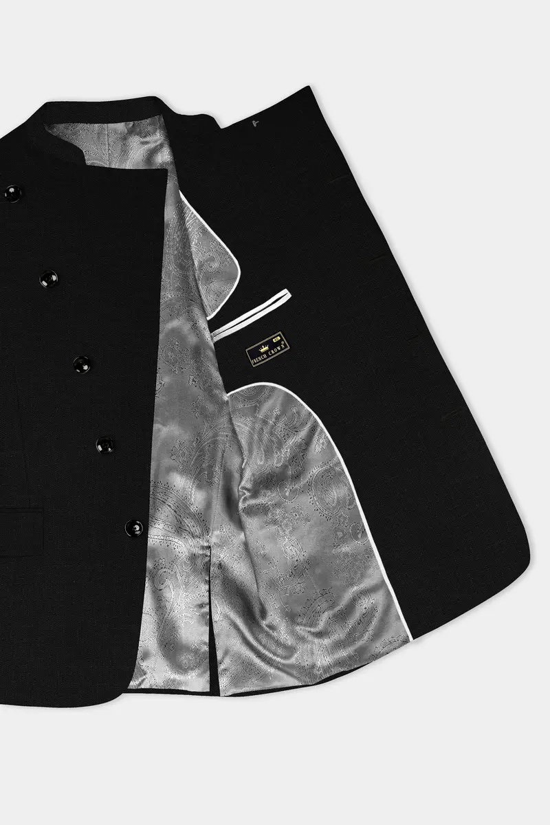Jade Black Solid Wool Rich Cross Placket Bandhgala Luxurious Linen Suit 5