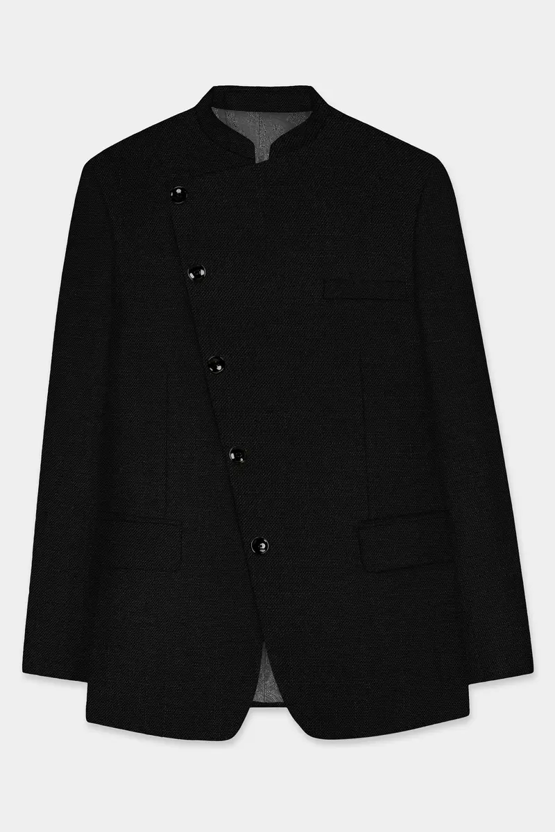 Jade Black Solid Wool Rich Cross Placket Bandhgala Luxurious Linen Suit 7