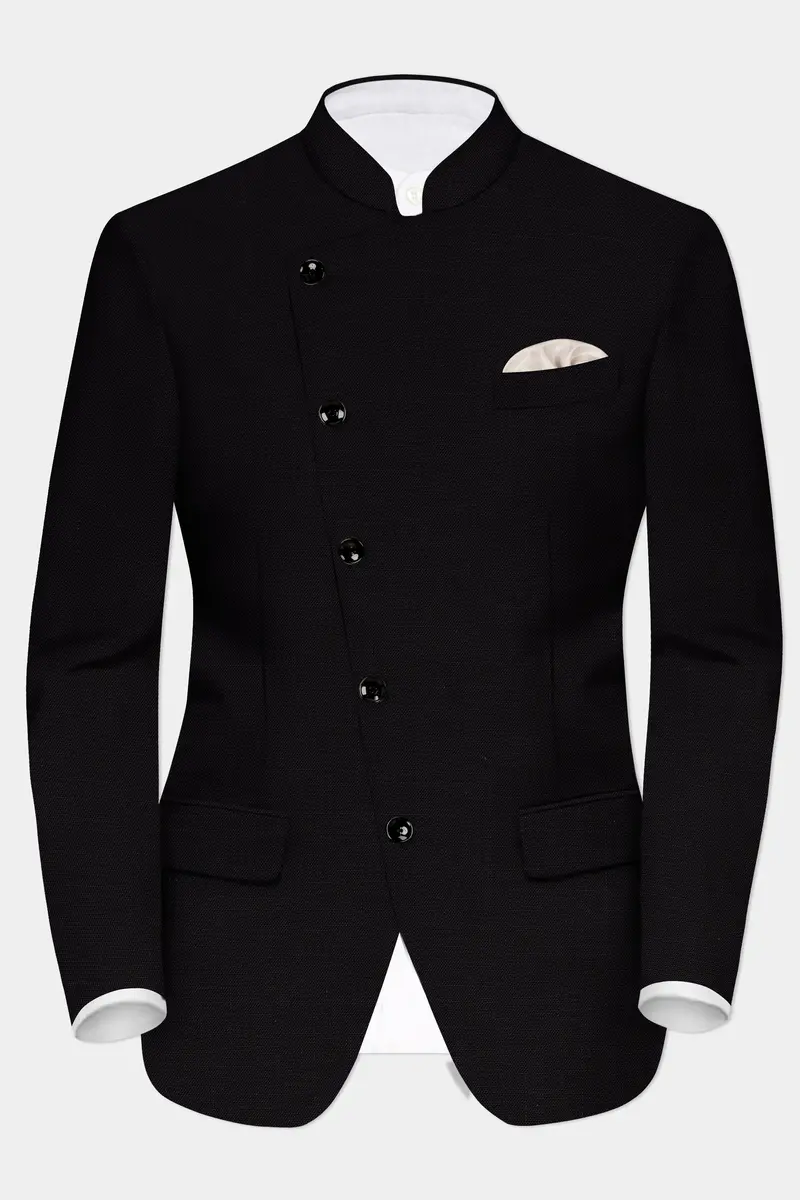 Jade Black Solid Wool Rich Cross Placket Bandhgala Luxurious Linen Suit 9