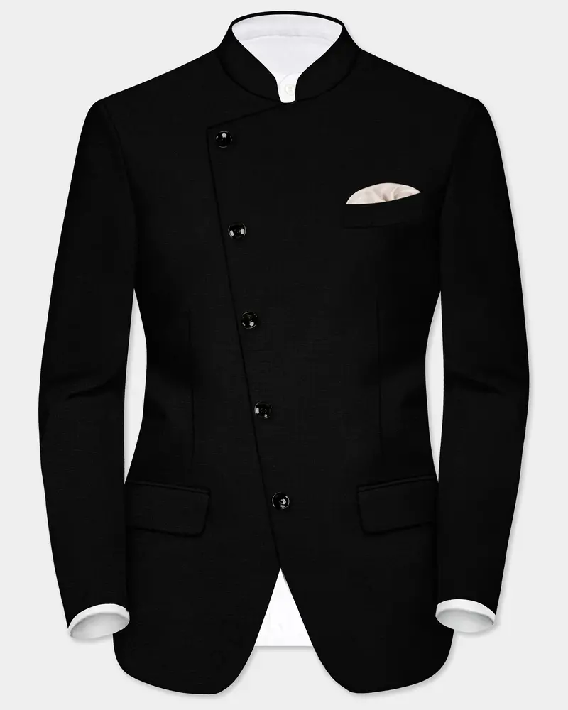 Jade Black Solid Wool Rich Cross Placket Bandhgala Stretchable Traveler Blazer 1