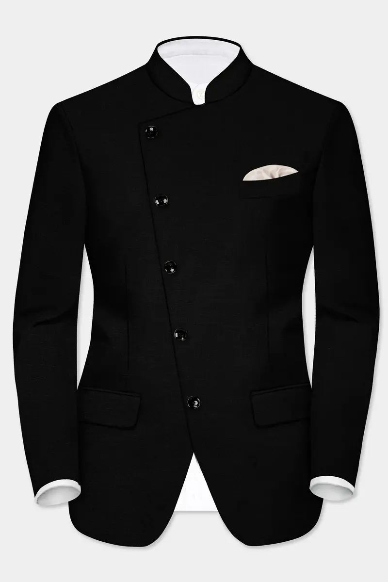 Jade Black Solid Wool Rich Cross Placket Bandhgala Stretchable Traveler Blazer 2