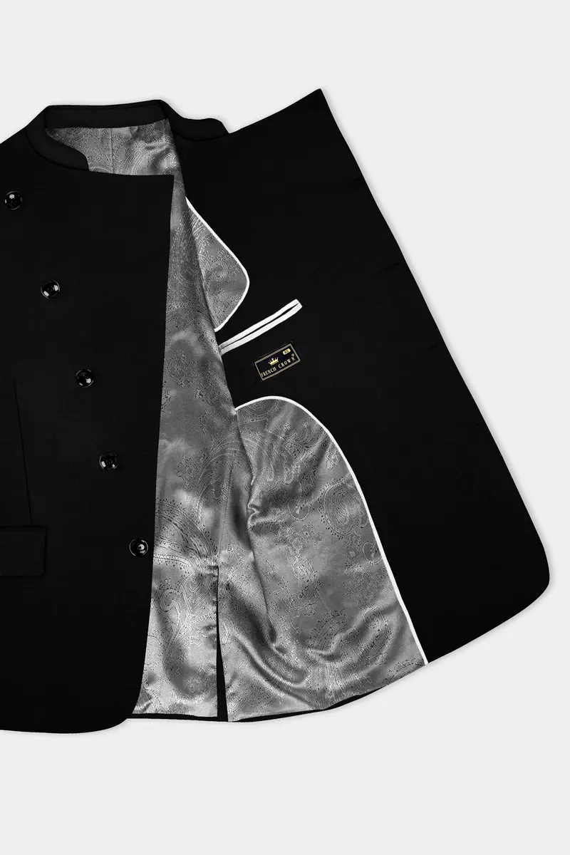 Jade Black Solid Wool Rich Cross Placket Bandhgala Stretchable Traveler Blazer 4