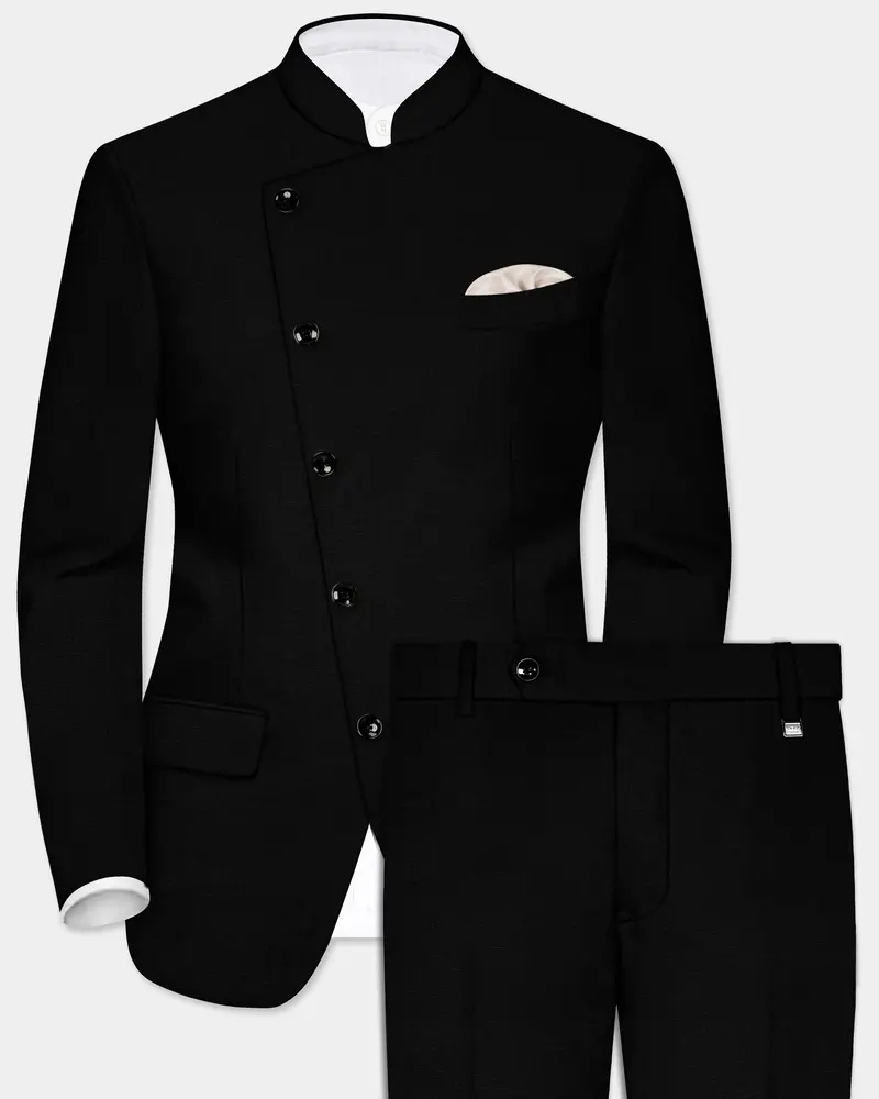 Jade Black Solid Wool Rich Cross Placket Bandhgala Stretchable Traveler Suit 1