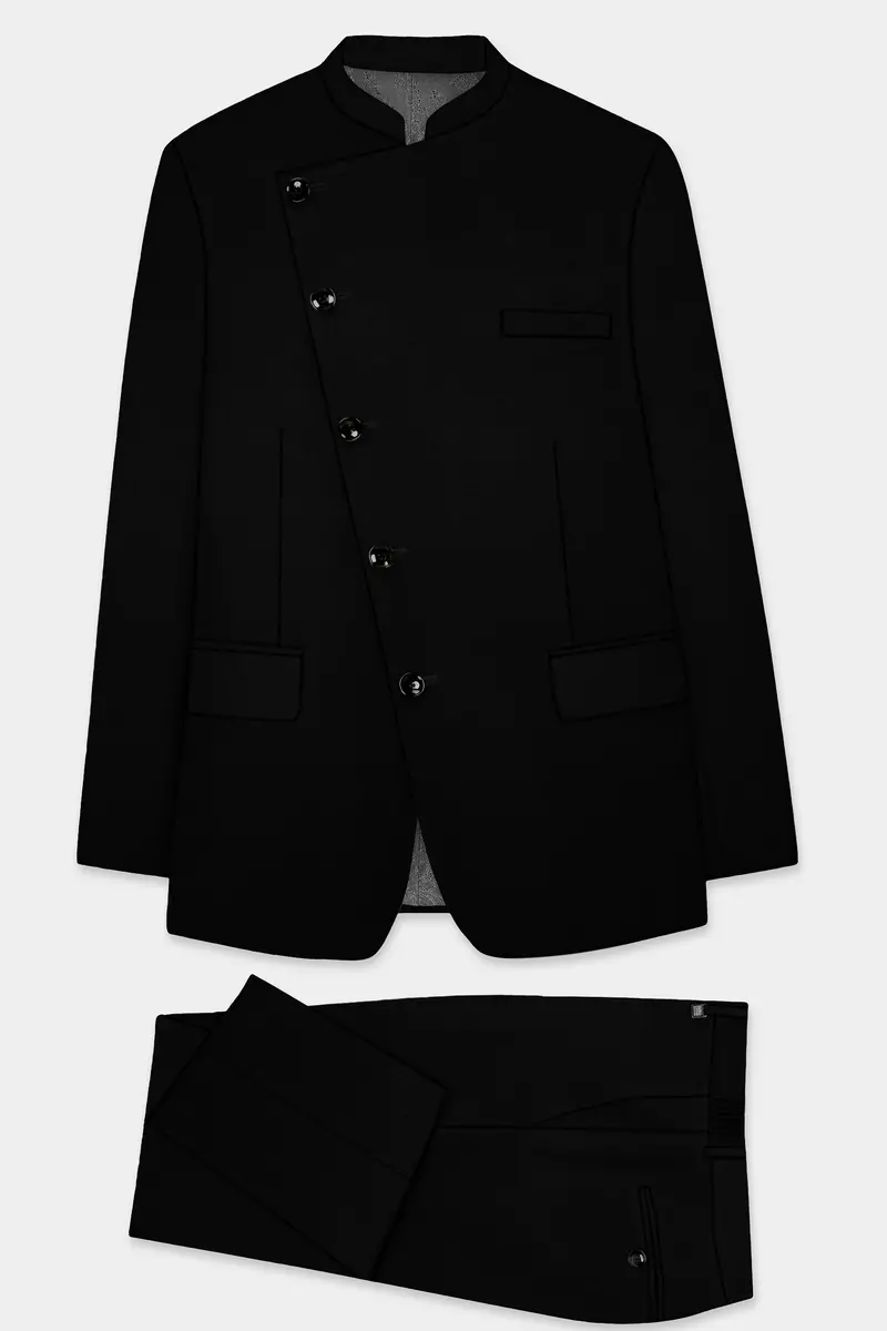 Jade Black Solid Wool Rich Cross Placket Bandhgala Stretchable Traveler Suit 10