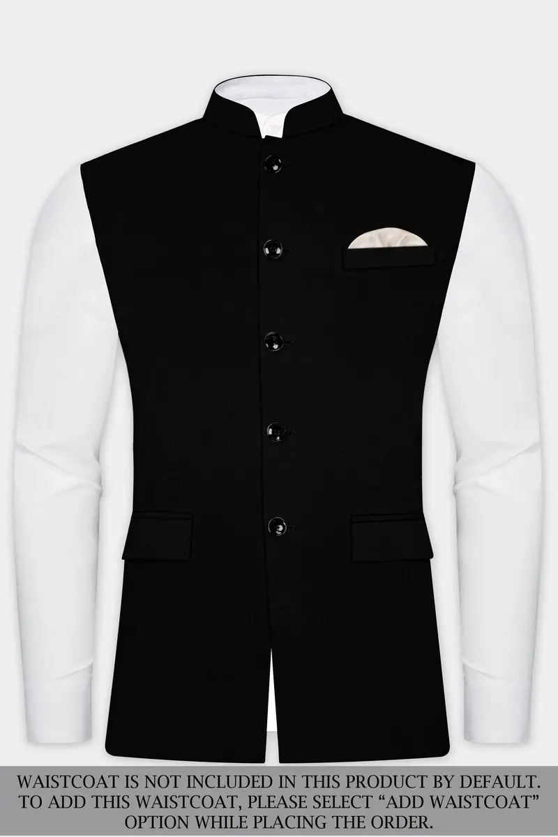 Jade Black Solid Wool Rich Cross Placket Bandhgala Stretchable Traveler Suit 15