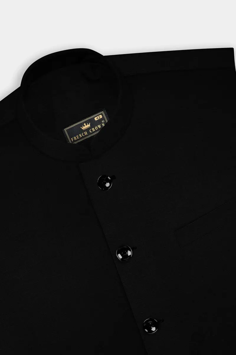 Jade Black Solid Wool Rich Cross Placket Bandhgala Stretchable Traveler Suit 17
