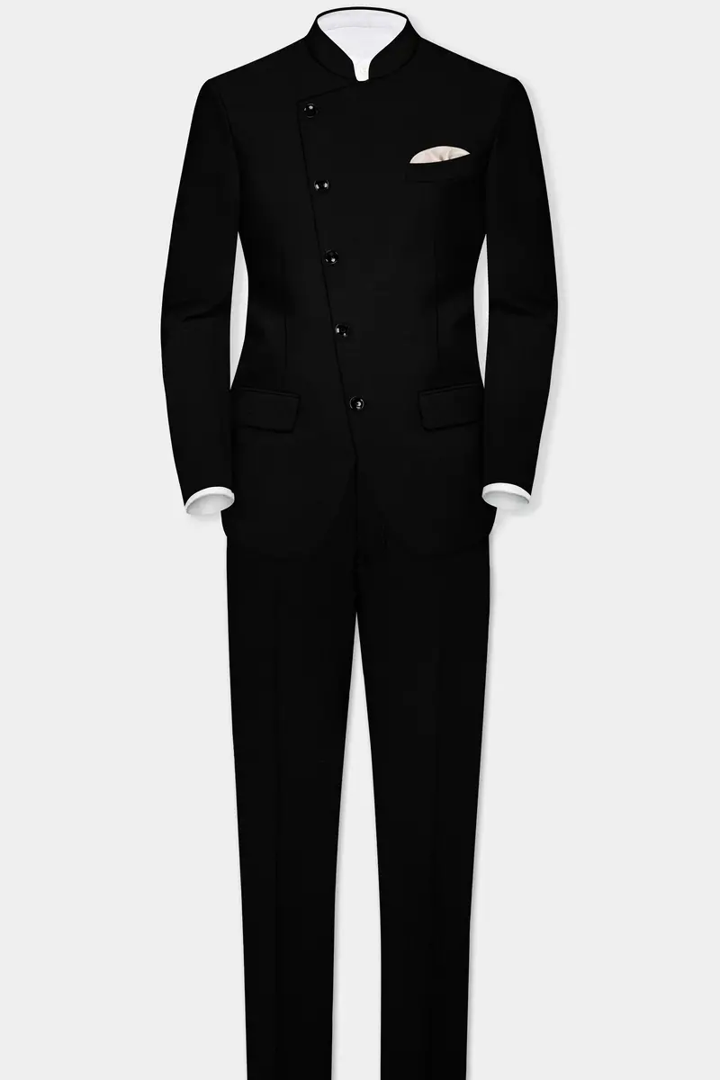 Jade Black Solid Wool Rich Cross Placket Bandhgala Stretchable Traveler Suit 4