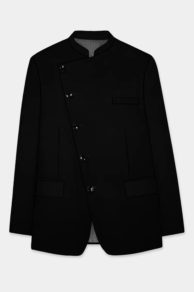 Jade Black Solid Wool Rich Cross Placket Bandhgala Stretchable Traveler Suit 7