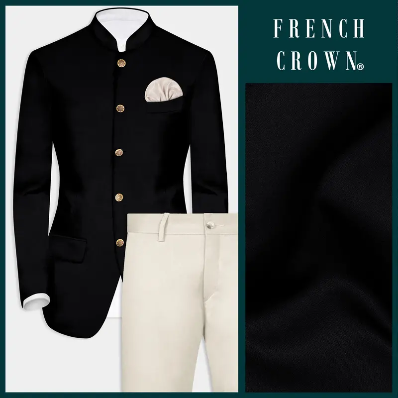 Jade Black Solid	Wool Rich Bandhgala Blazer With Mercury Cream Chinos Pant 1