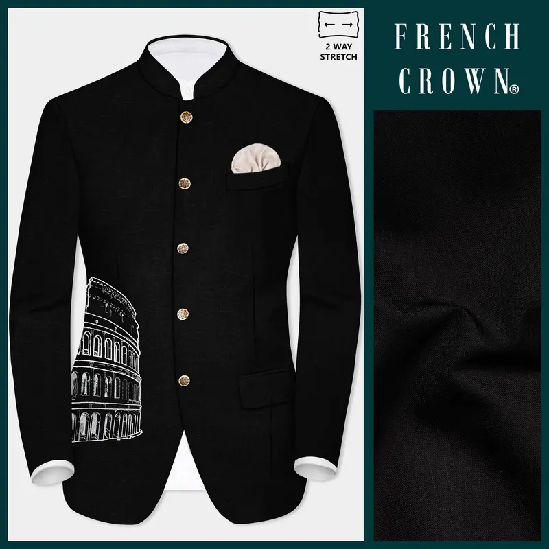 Jade Black Stretchable Colosseum Embroidered Wool Rich Designer Blazer 1