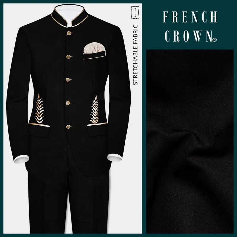Jade Black Stretchable Leaves Hand Painted Bandhgala Designer Suit 1