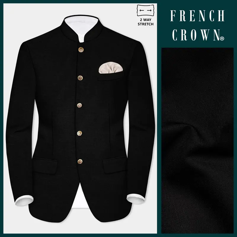 Jade Black Stretchable Subtle Sheen Bandhgala/Mandarin Wool Blend Blazer 1