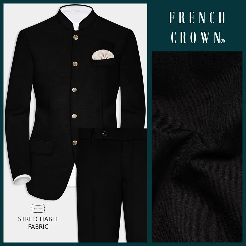 Jade Black Stretchable Subtle Sheen Bandhgala/Mandarin Wool Blend Suit 1