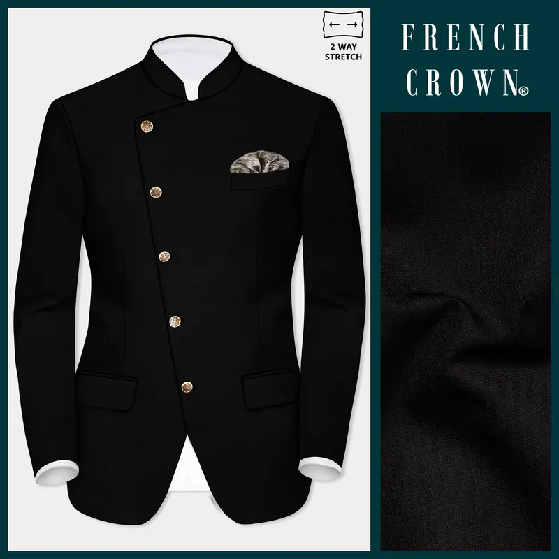 Jade Black Stretchable Subtle Sheen Cross Placket Bandhgala/Mandarin Blazer 1
