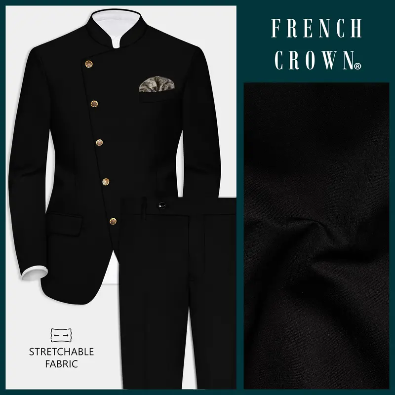 Jade Black Stretchable Subtle Sheen Cross Placket Bandhgala/Mandarin Suit 1