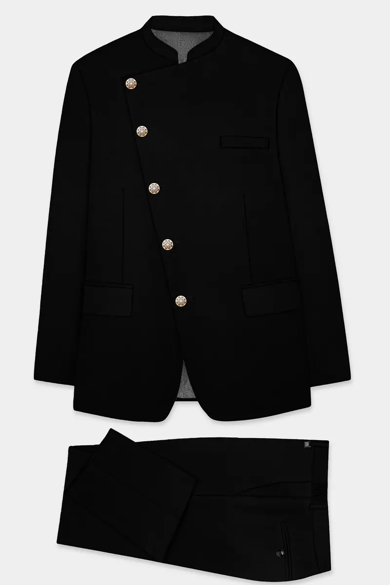 Jade Black Stretchable Subtle Sheen Cross Placket Bandhgala/Mandarin Suit 10