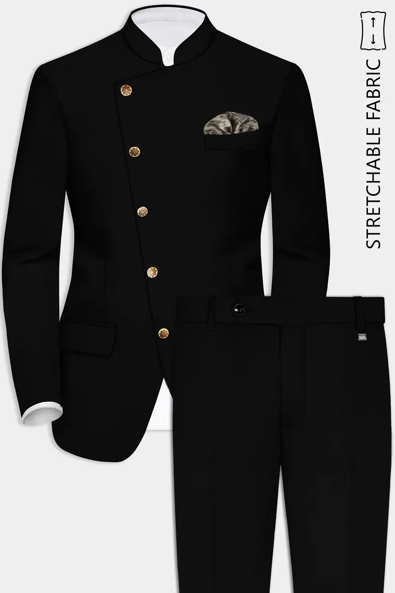 Jade Black Stretchable Subtle Sheen Cross Placket Bandhgala/Mandarin Suit 2