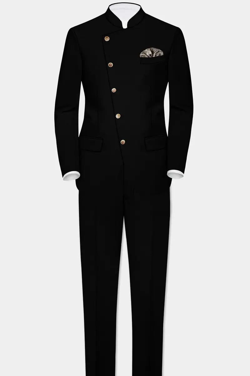 Jade Black Stretchable Subtle Sheen Cross Placket Bandhgala/Mandarin Suit 4