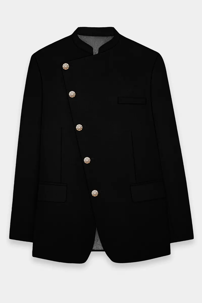 Jade Black Stretchable Subtle Sheen Cross Placket Bandhgala/Mandarin Suit 6