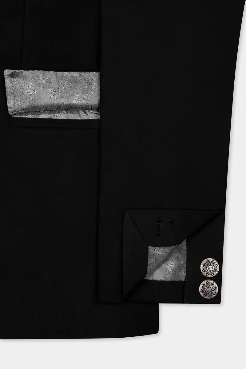 Jade Black Stretchable Subtle Sheen Cross Placket Bandhgala/Mandarin Suit 7
