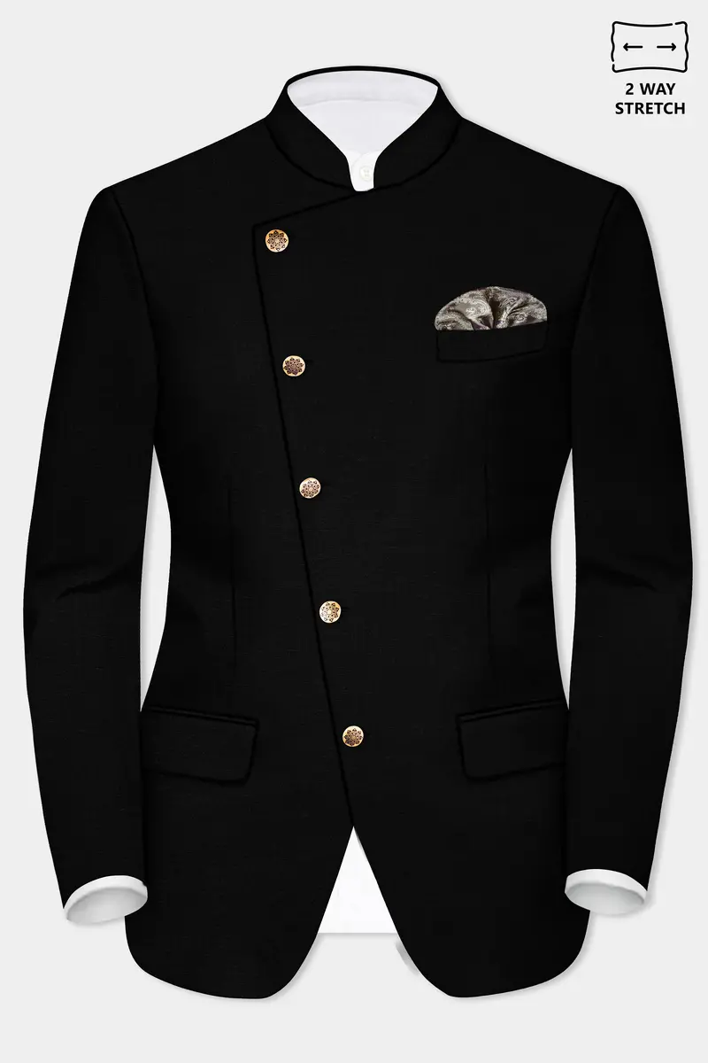 Jade Black Stretchable Subtle Sheen Cross Placket Bandhgala/Mandarin Suit 9