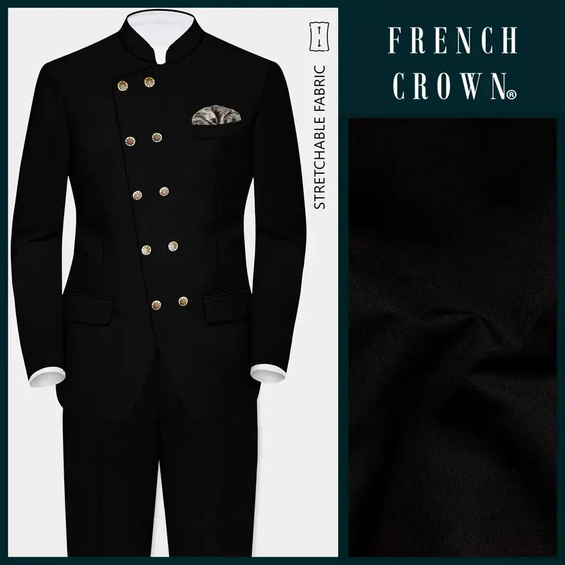 Jade Black Stretchable Subtle Sheen Cross Placket  Bandhgala Suit 1