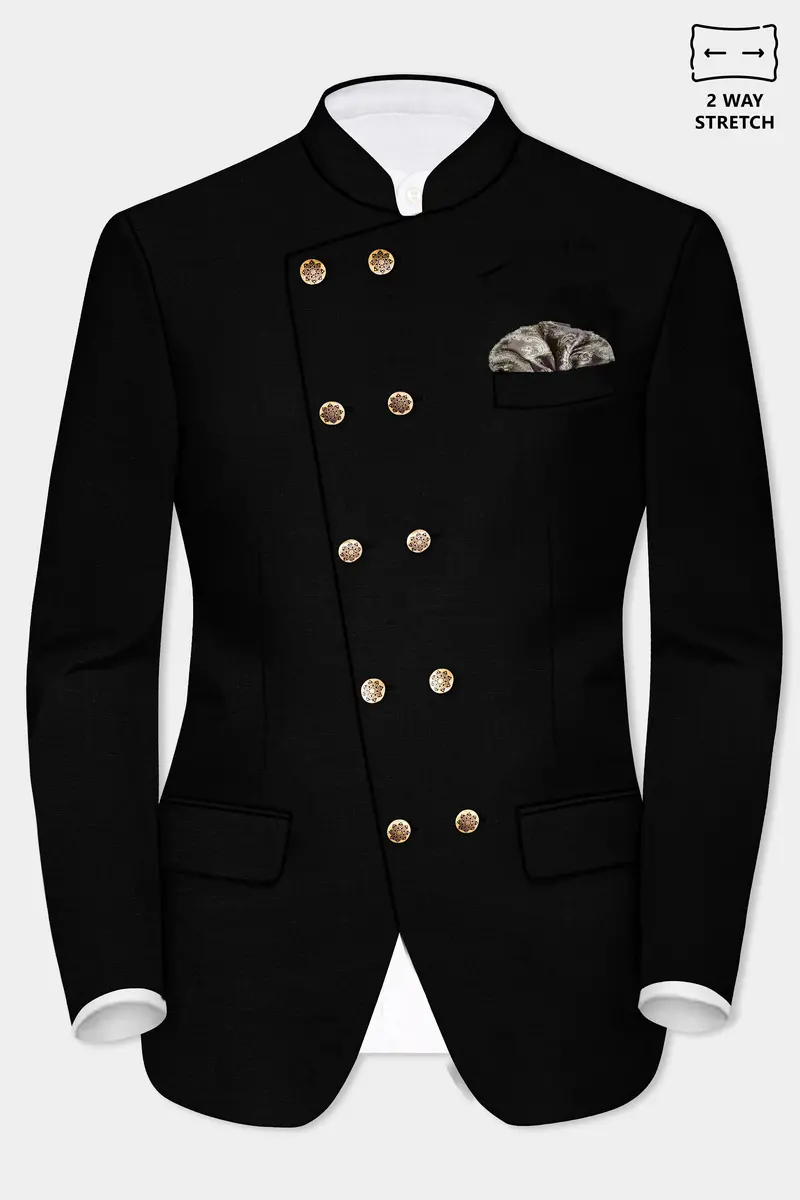 Jade Black Stretchable Subtle Sheen Cross Placket Bandhgala Suit 10