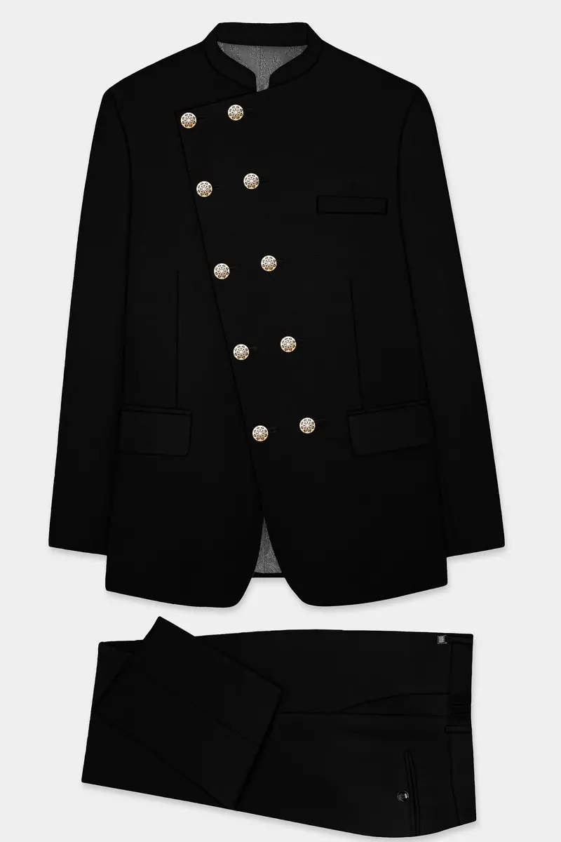 Jade Black Stretchable Subtle Sheen Cross Placket Bandhgala Suit 11