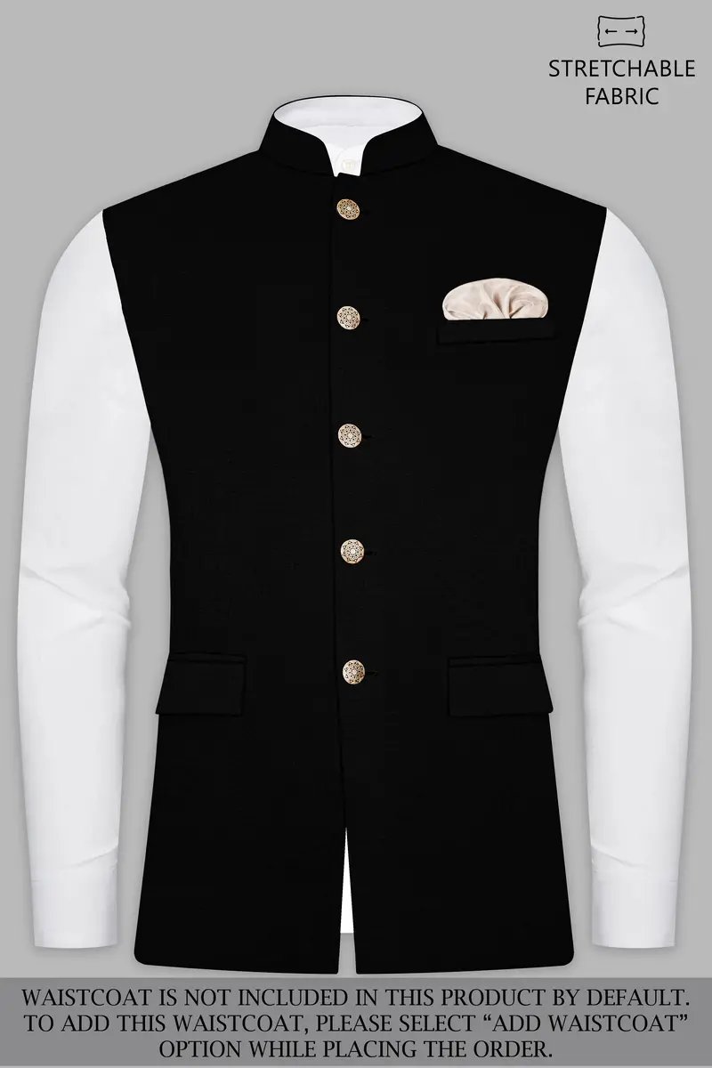 Jade Black Stretchable Subtle Sheen Cross Placket Bandhgala Suit 16