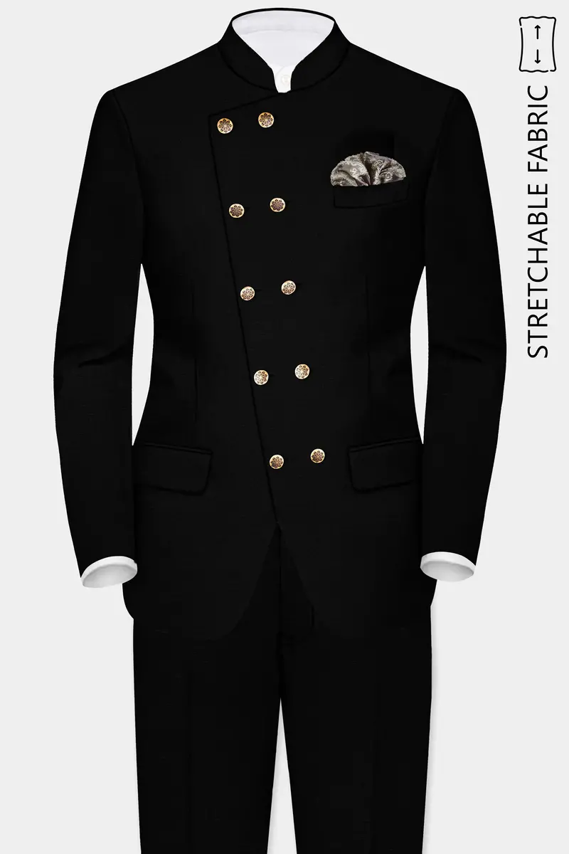 Jade Black Stretchable Subtle Sheen Cross Placket Bandhgala Suit 2