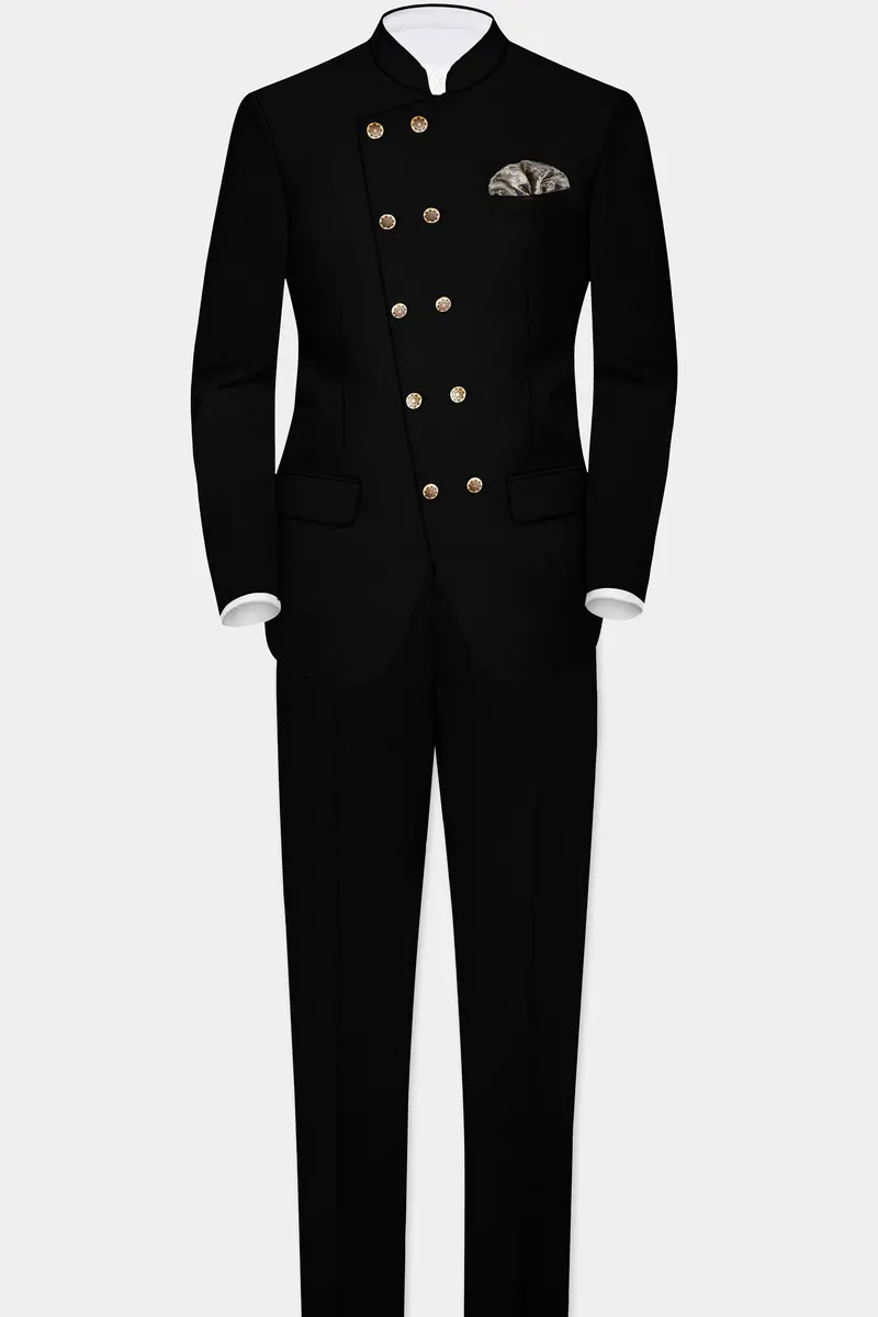 Jade Black Stretchable Subtle Sheen Cross Placket Bandhgala Suit 4