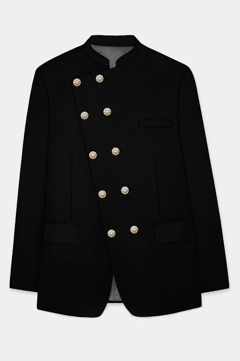 Jade Black Stretchable Subtle Sheen Cross Placket Bandhgala Suit 8