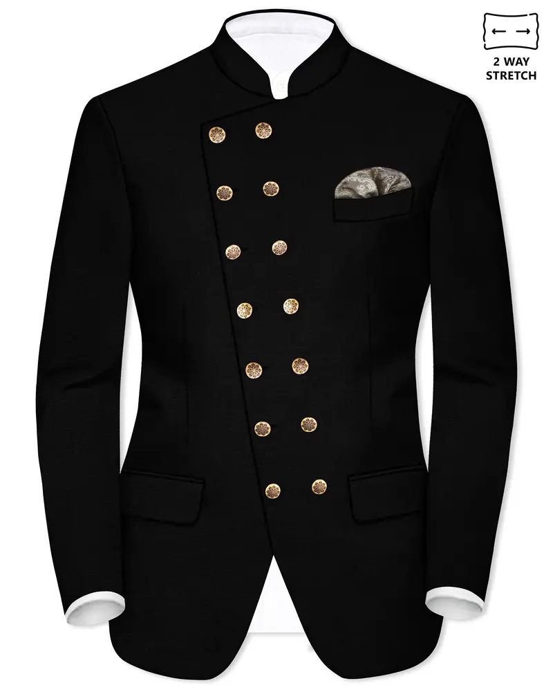 Jade Black Stretchable Subtle Sheen Cross Placket Doble Closure Bandhgala/Mandarin Blazer 1