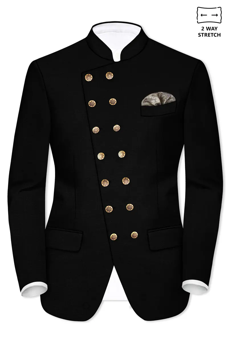 Jade Black Stretchable Subtle Sheen Cross Placket Doble Closure Bandhgala/Mandarin Blazer 2