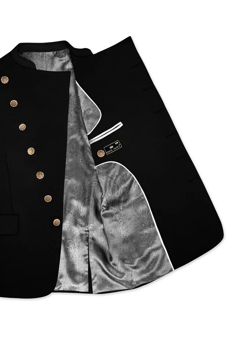 Jade Black Stretchable Subtle Sheen Cross Placket Doble Closure Bandhgala/Mandarin Blazer 4
