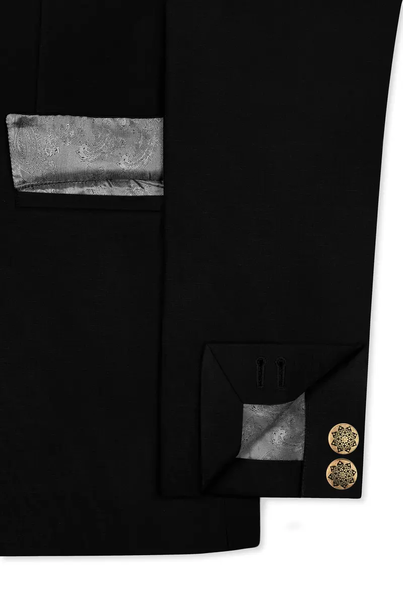 Jade Black Stretchable Subtle Sheen Cross Placket Doble Closure Bandhgala/Mandarin Blazer 5
