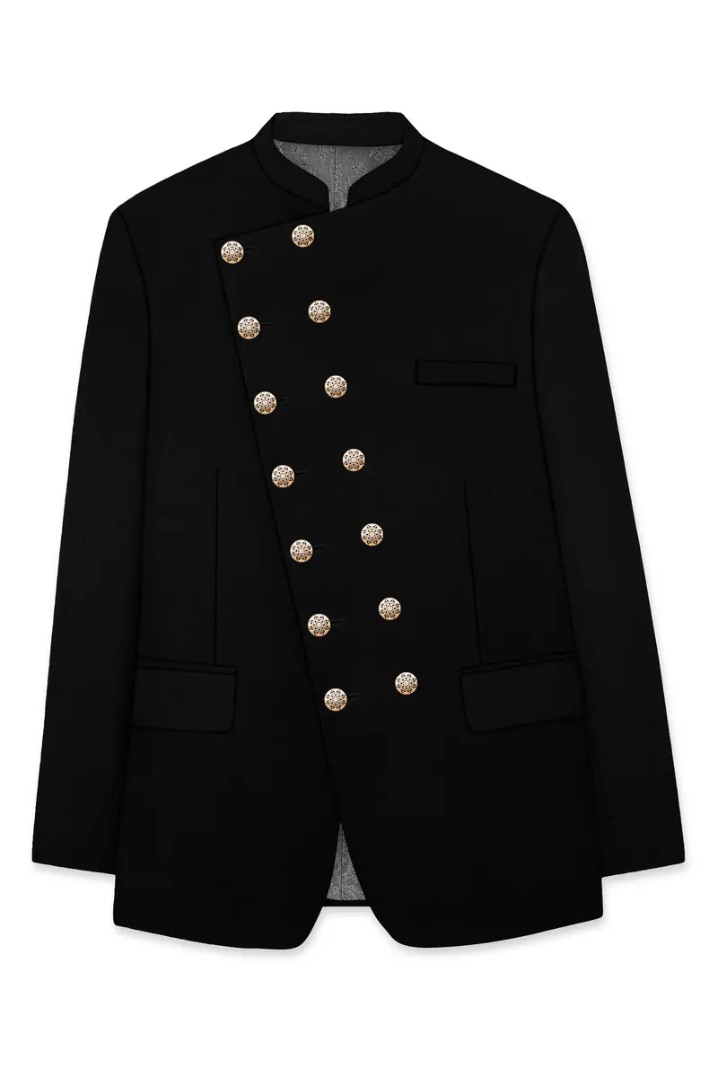 Jade Black Stretchable Subtle Sheen Cross Placket Doble Closure Bandhgala/Mandarin Blazer 6