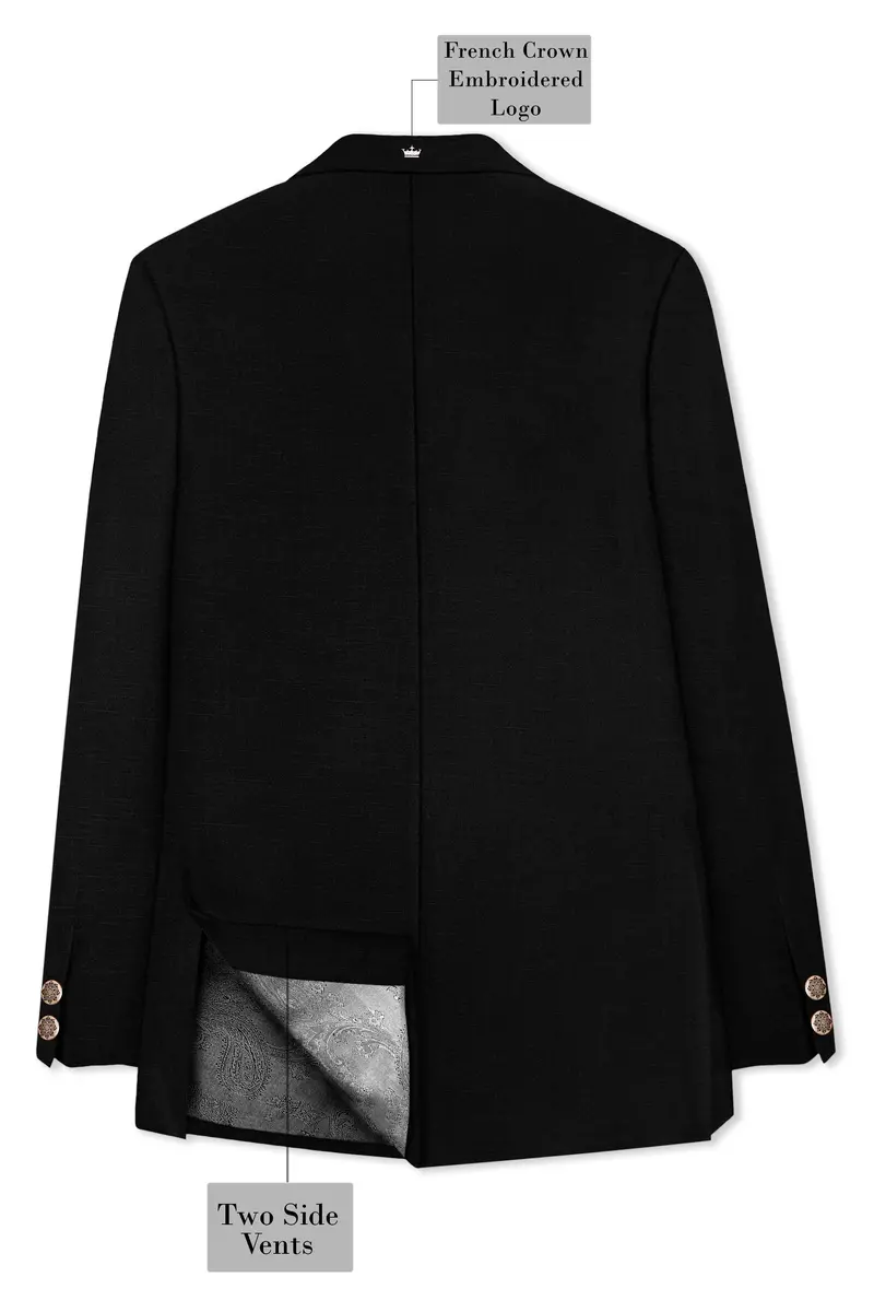 Jade Black Stretchable Subtle Sheen Cross Placket Doble Closure Bandhgala/Mandarin Blazer 7