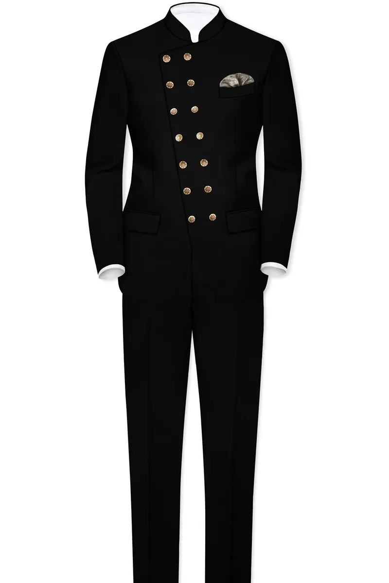 Jade Black Stretchable Subtle Sheen Cross Placket Doble Closure Bandhgala/Mandarin Blazer 8