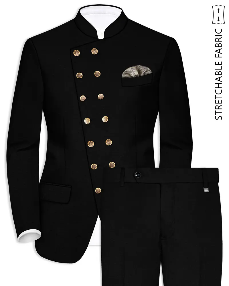 Jade Black Stretchable Subtle Sheen Cross Placket Double Closure Bandhgala/Mandarin Suit 1