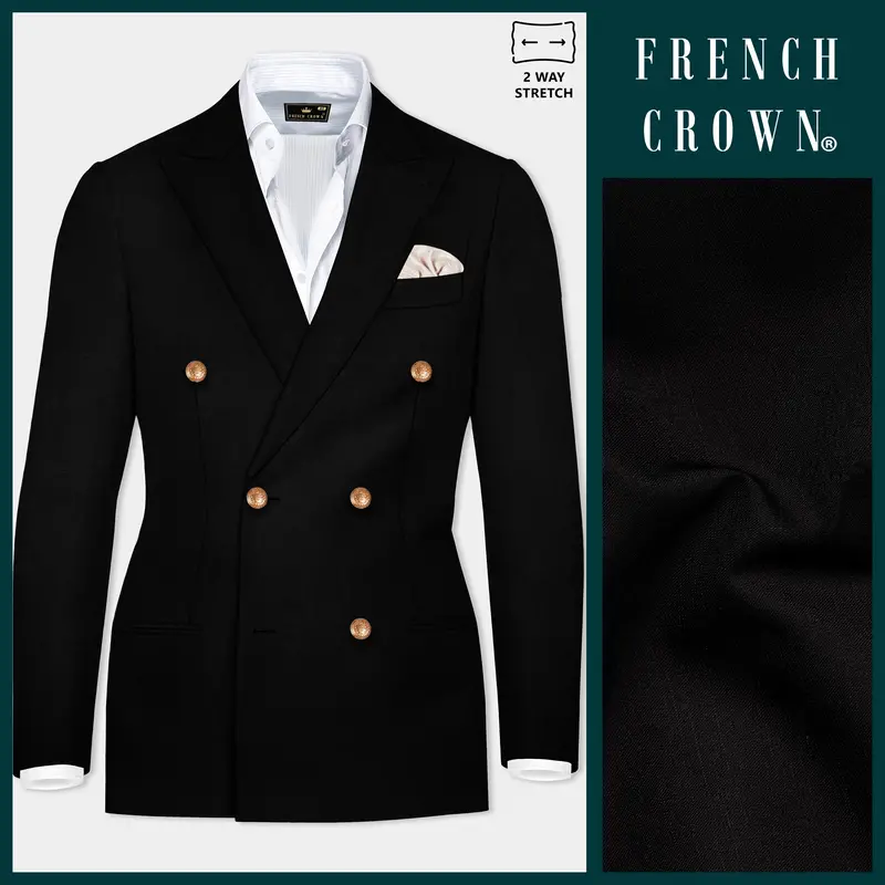 Jade Black Stretchable Subtle Sheen Golden Buttons Double-Breasted Wool Rich Blazer 1
