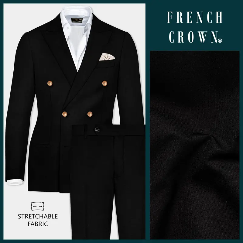 Jade Black Stretchable Subtle Sheen Golden Buttons Double-Breasted Wool Rich Suit 1