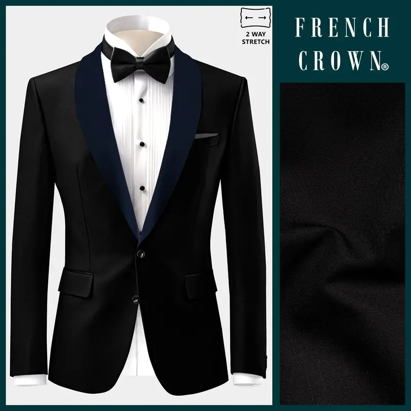 Jade Black Stretchable Subtle Sheen With Blue Lapel Tuxedo Blazer 1