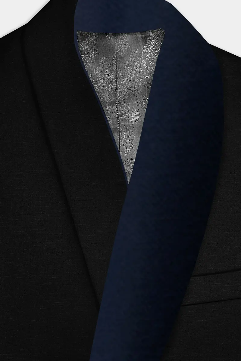 Jade Black Stretchable Subtle Sheen With Blue Lapel Tuxedo Blazer 4