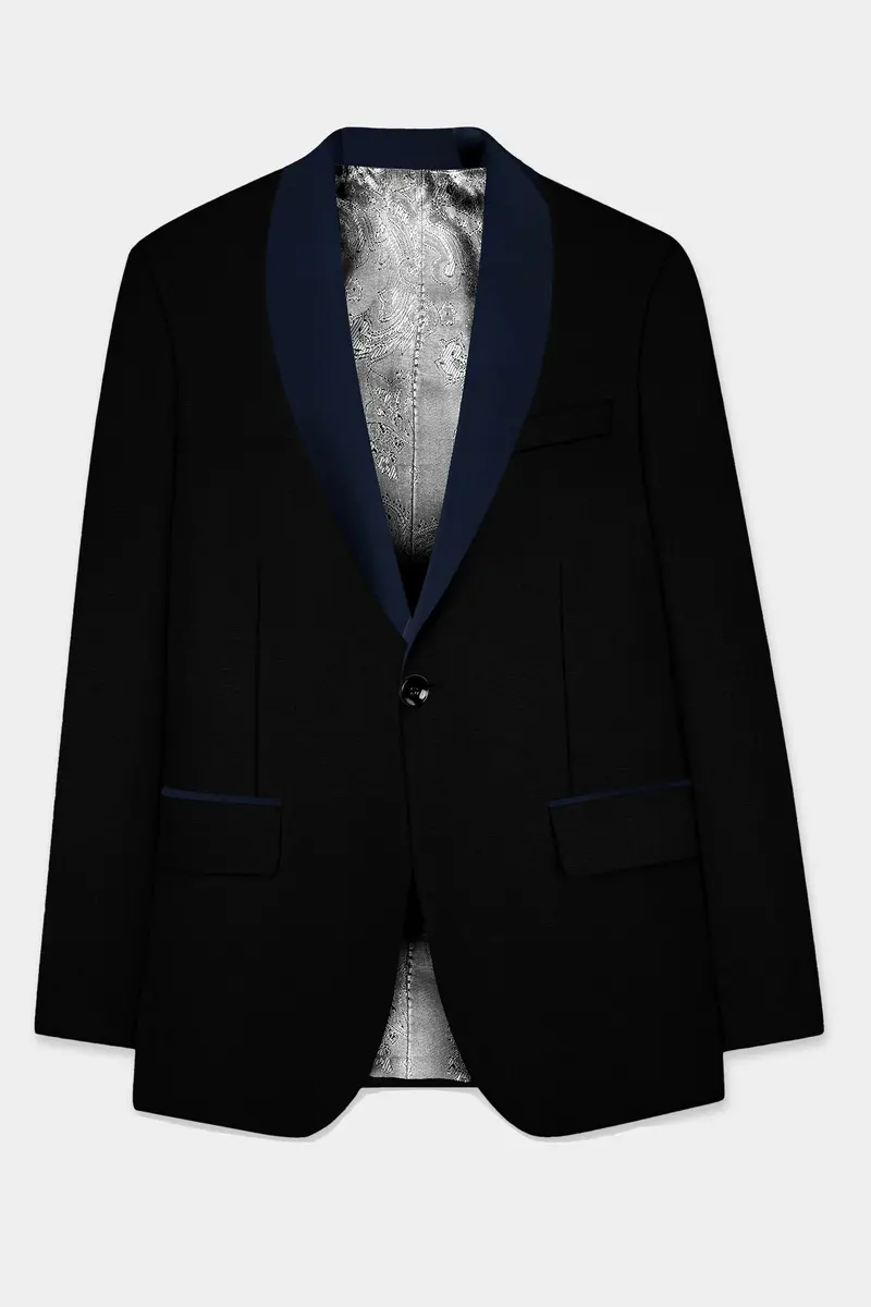 Jade Black Stretchable Subtle Sheen With Blue Lapel Tuxedo Blazer 7