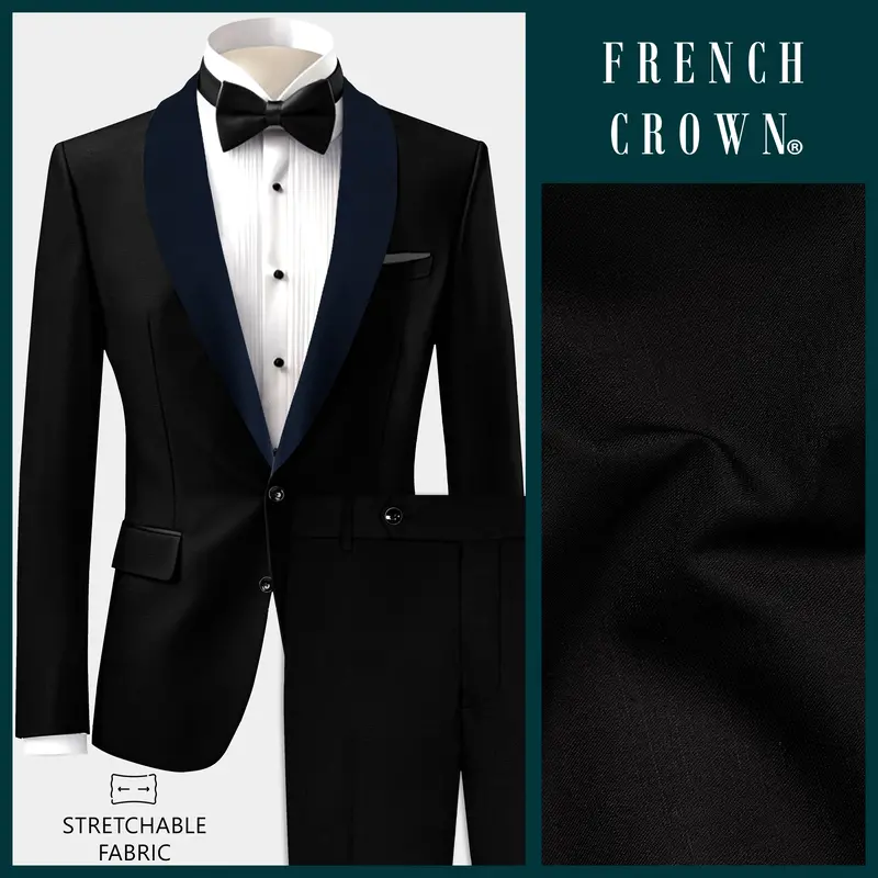Jade Black Stretchable Subtle Sheen With Blue Lapel Tuxedo Suit 1